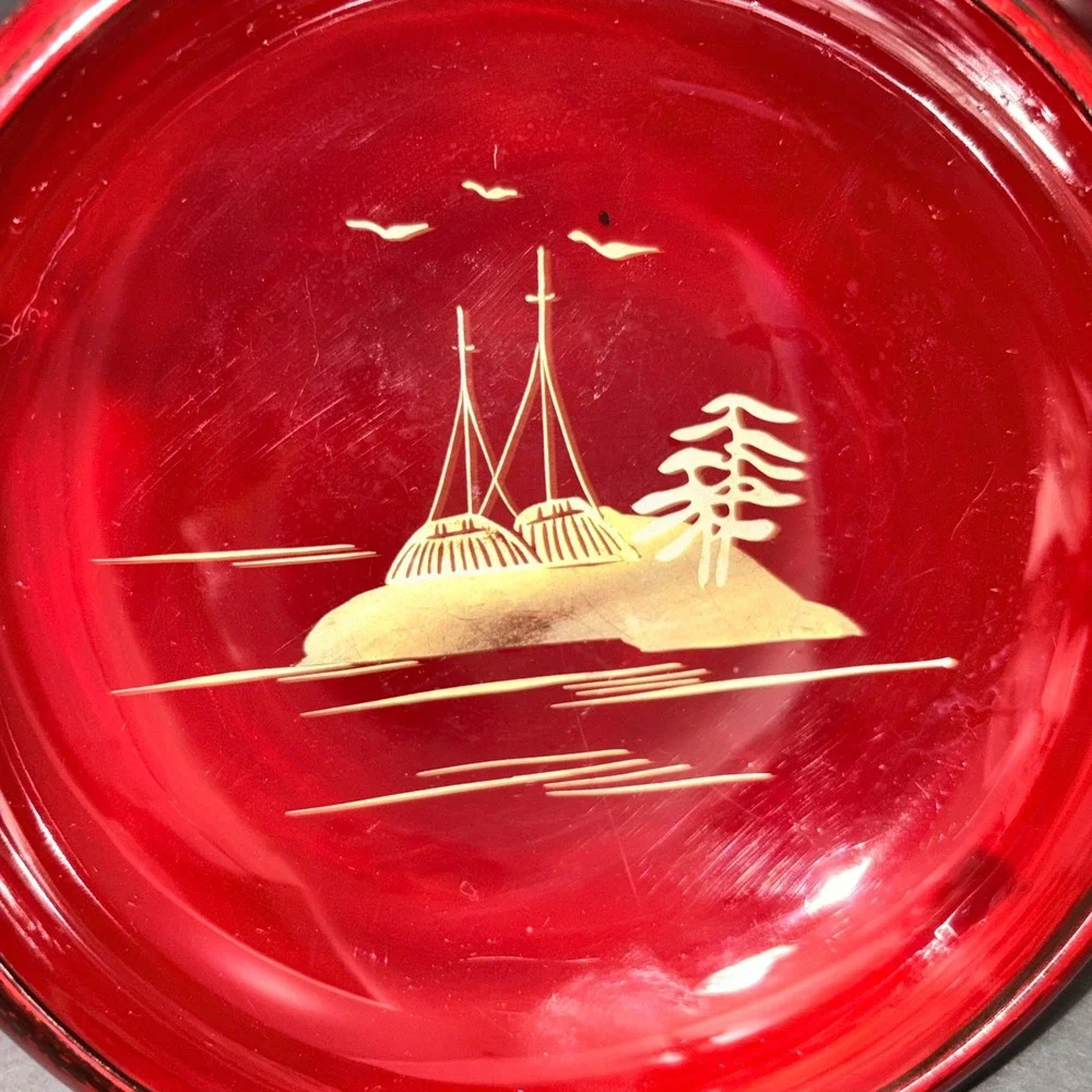 3 Vtg Japanese Lacquerware Salad Bowls Cinnabar Red Gold Chinoiserie Landscape